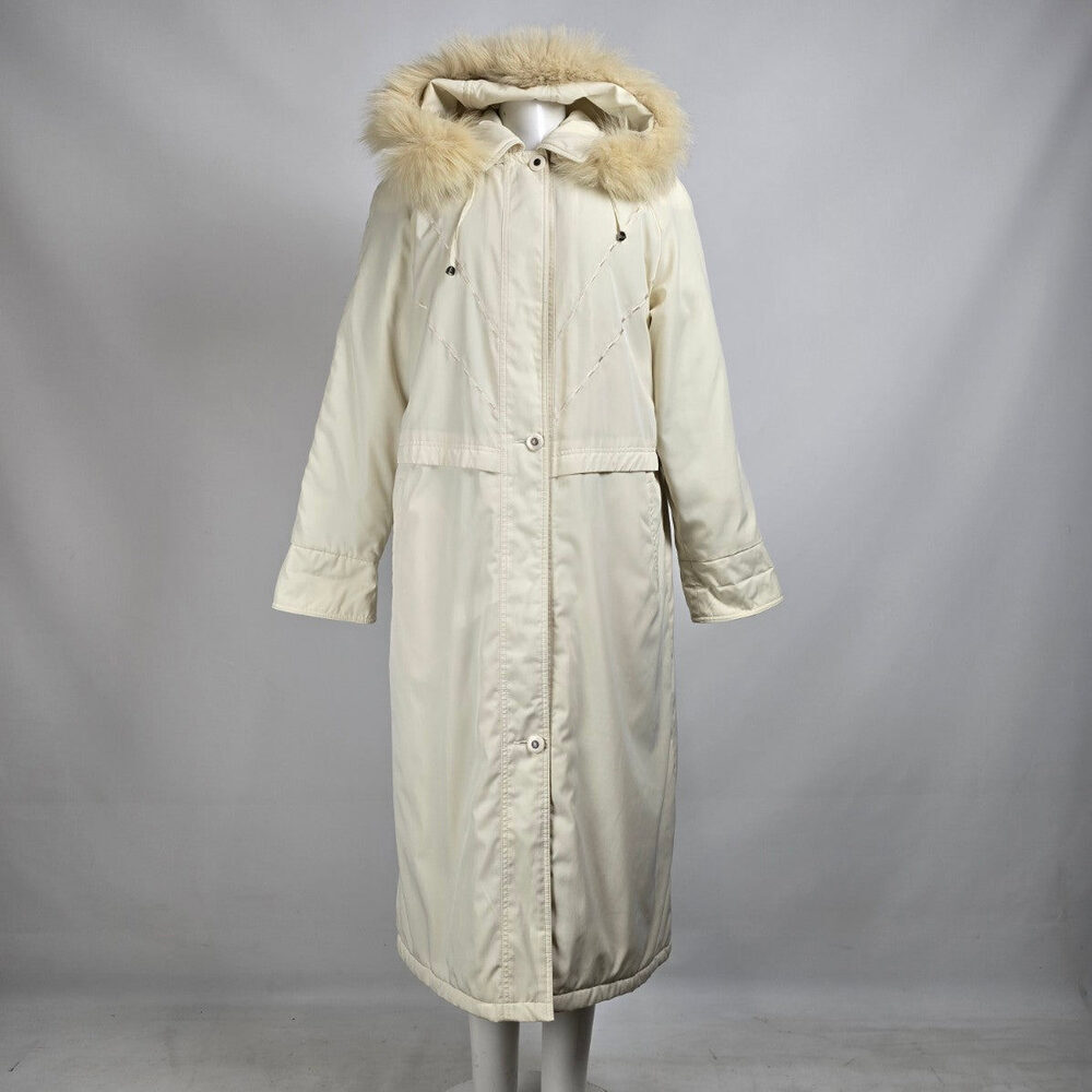 Vintage Luba Cream Faux Fur Hood Long Winter Jacket Size 12